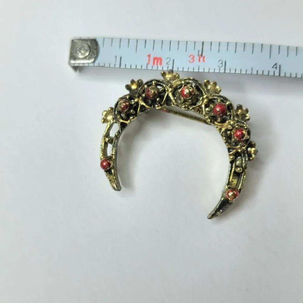 Vintage signed gold red crescent brooch